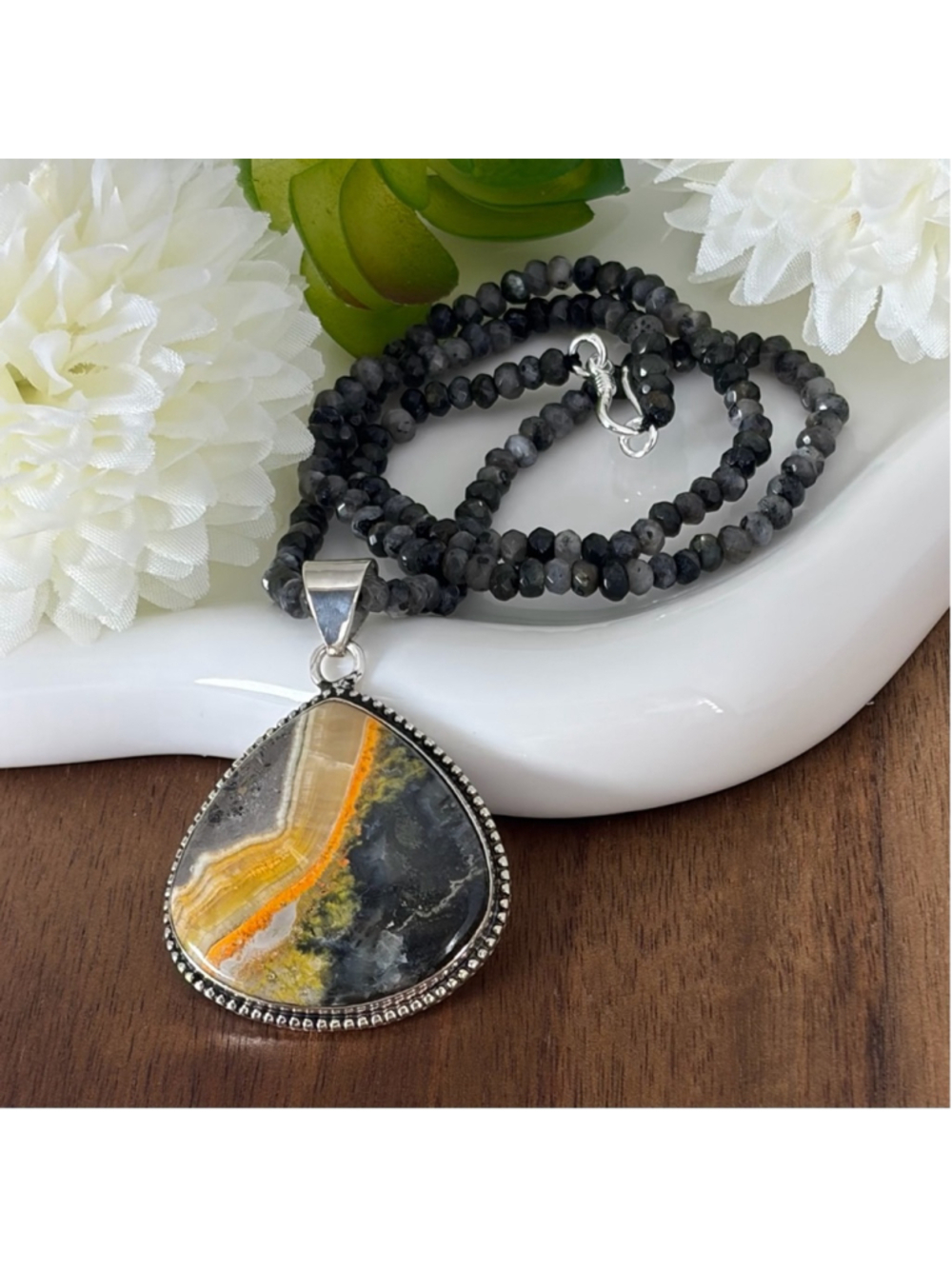 Bumblebee Bumble Bee Jasper Pendant Vintage Southwest Boho Style Pear New 925 - Picture 4 of 7